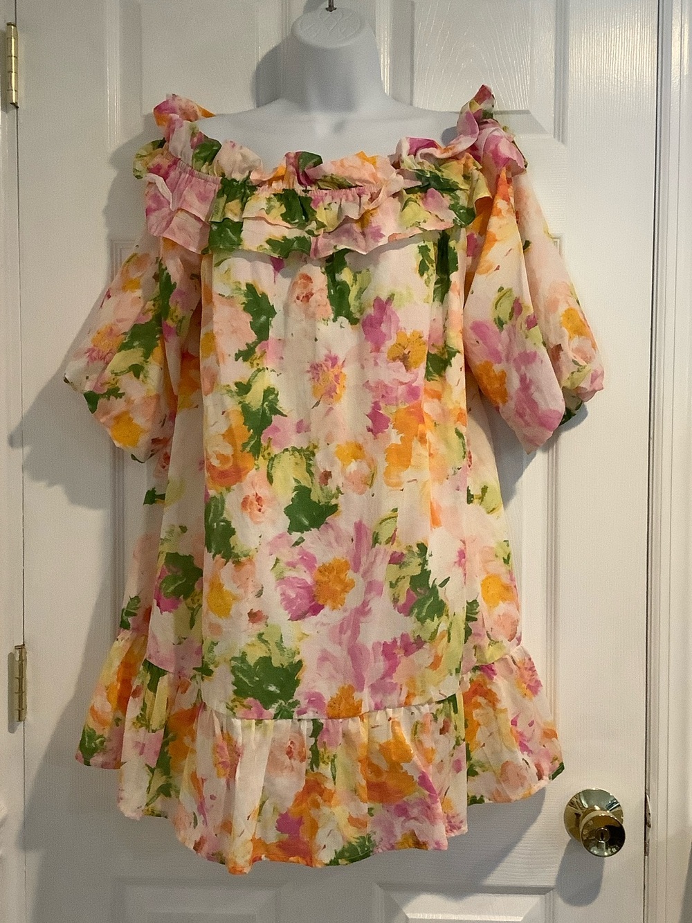 FATE Floral Off The Shoulder Cottagecore Ruffled Oversized Babydoll Mini Dress M